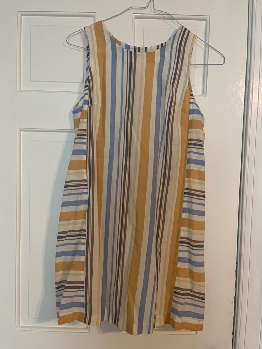 Love Riche Sleeveless Midi Dress in Mustard, Light Blue and White Stripes